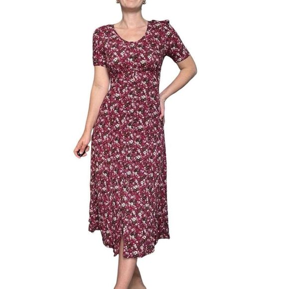 Vintage 90s All That Jazz Red Floral Cottagecore Prairie Tea Midi Dress Size 6 - Picture 1 of 11